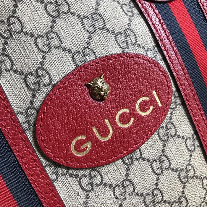 GUCCI 古馳男包 新款 473870 GG Supreme高級人造帆布 黑色紅色織帶裝飾 購物袋